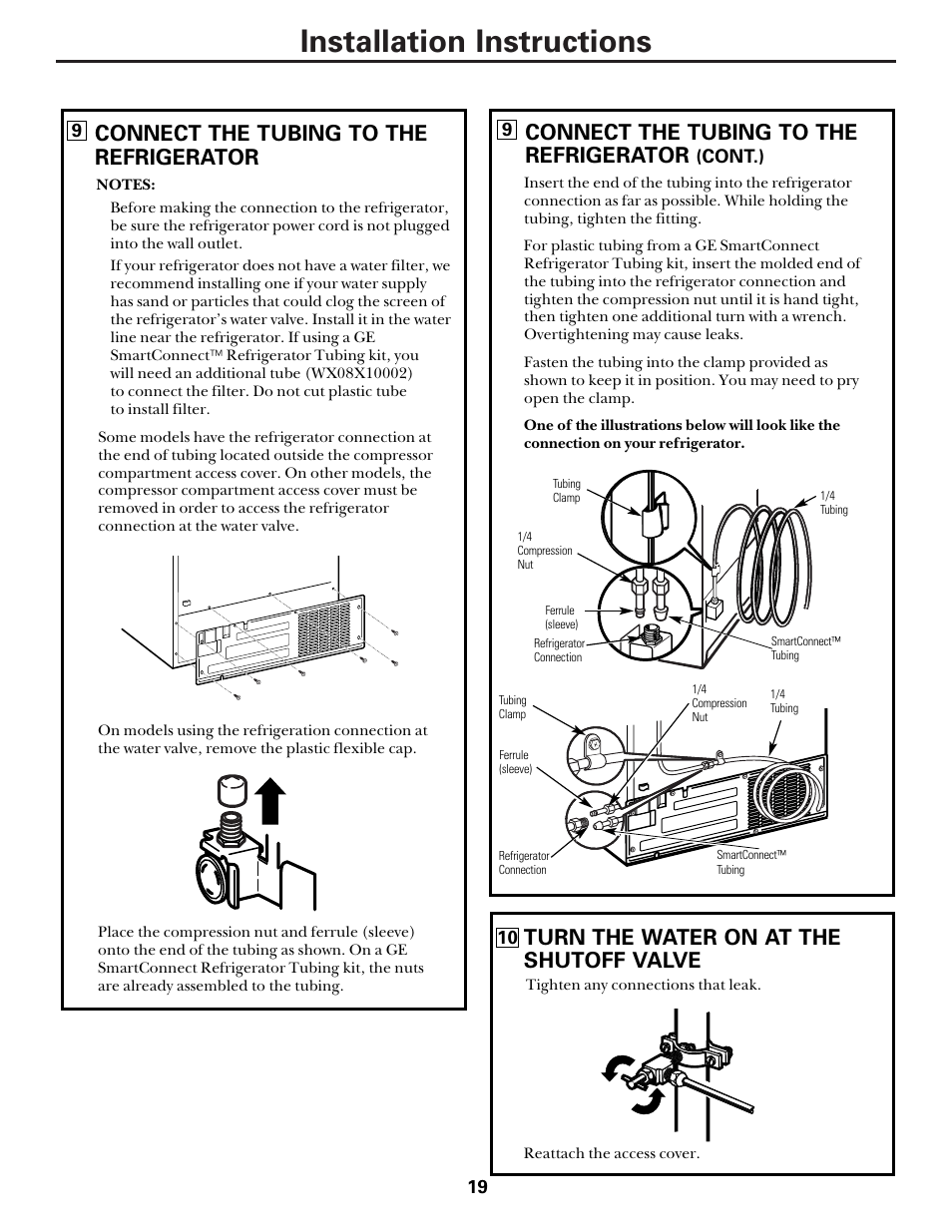 Installation instructions, Turn the water on at the shutoff valve, Connect the tubing to the refrigerator | Hotpoint 22 User Manual | Page 19 / 88