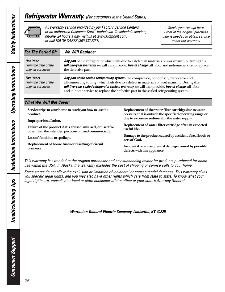 Warranty for u.s. customers, Refrigerator warranty | Hotpoint 22 User Manual | Page 26 / 88