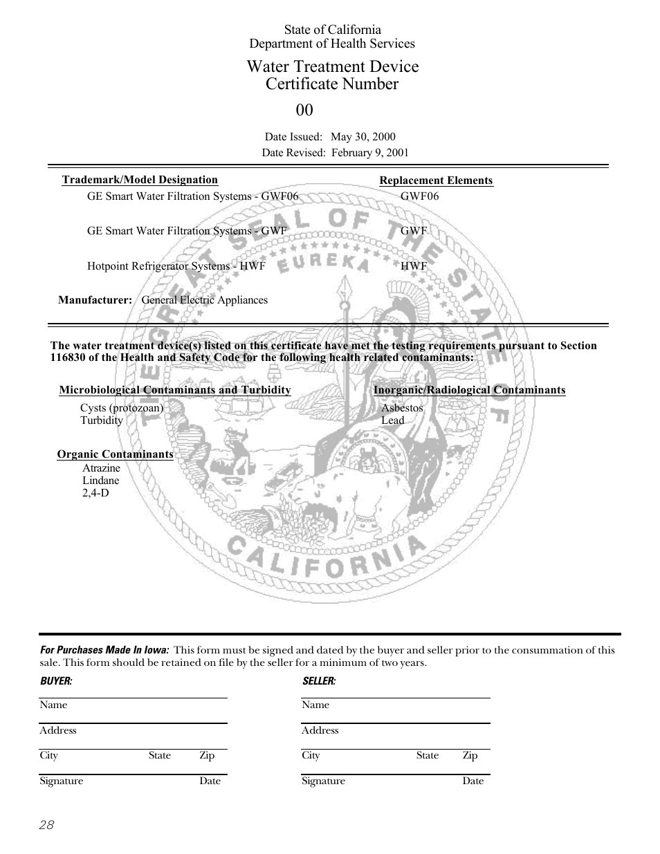 State of california water, Treatment device certificate, Water treatment device certificate number | Hotpoint 22 User Manual | Page 28 / 88