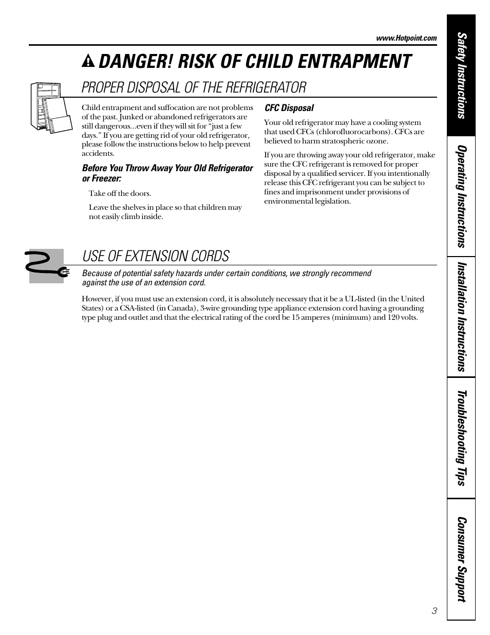 Extension cords, Proper disposal, Danger! risk of child entrapment | Proper disposal of the refrigerator, Use of extension cords | Hotpoint 22 User Manual | Page 3 / 88