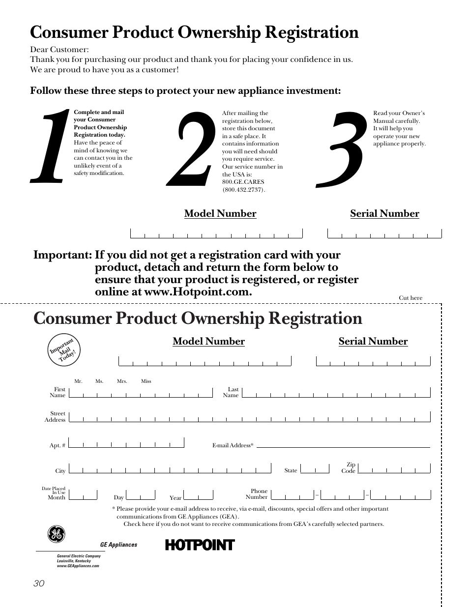 Consumer product ownership registration | Hotpoint 22 User Manual | Page 30 / 88