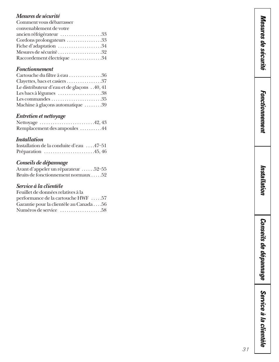 French table of contents, Mesures de sécurité, Fonctionnement | Entretien et nettoyage, Installation, Conseils de dépannage, Service à la clientèle | Hotpoint 22 User Manual | Page 31 / 88