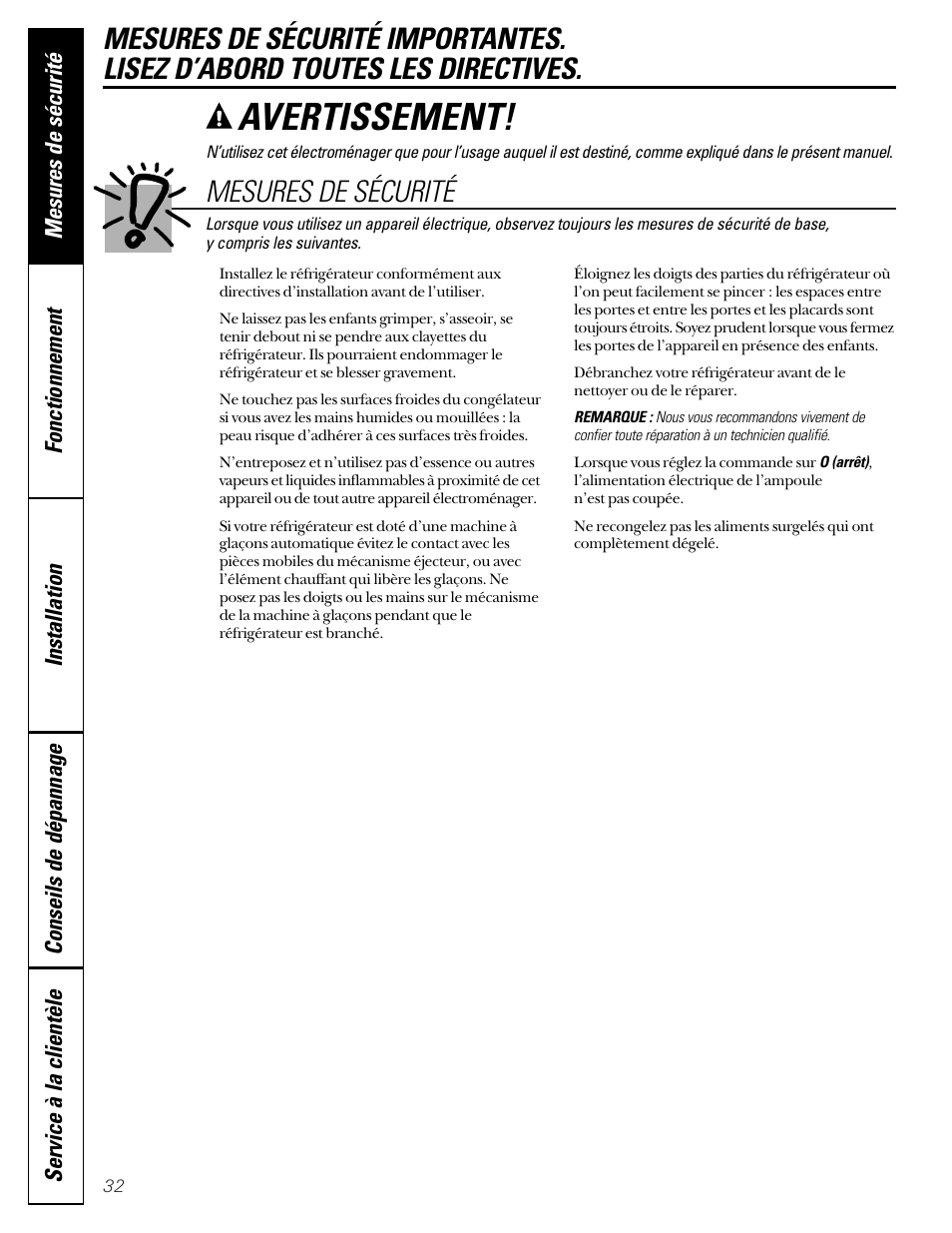 Mesures de sécurité, Avertissement | Hotpoint 22 User Manual | Page 32 / 88