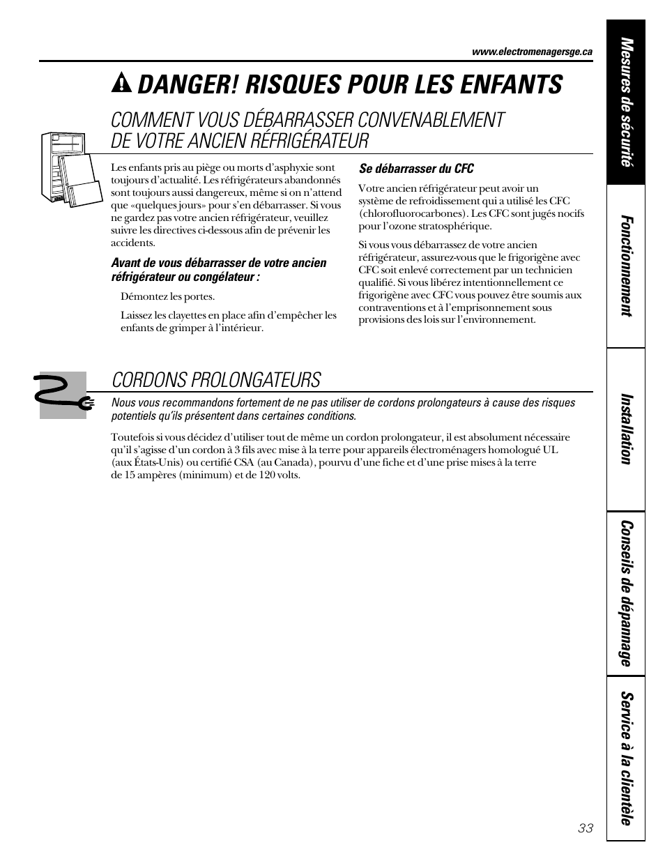 Cordons prolongateurs, Comment vous débarrasser, Convenablement de votre | Ancien réfrigérateur, Danger! risques pour les enfants | Hotpoint 22 User Manual | Page 33 / 88