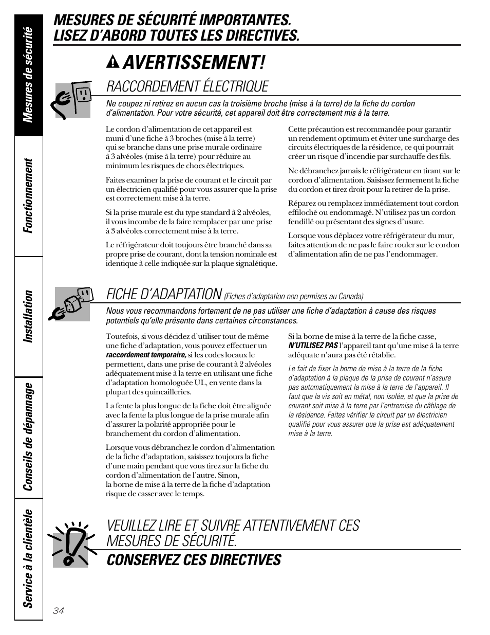 Fiche d’adaptation, Raccordement électrique, Avertissement | Hotpoint 22 User Manual | Page 34 / 88