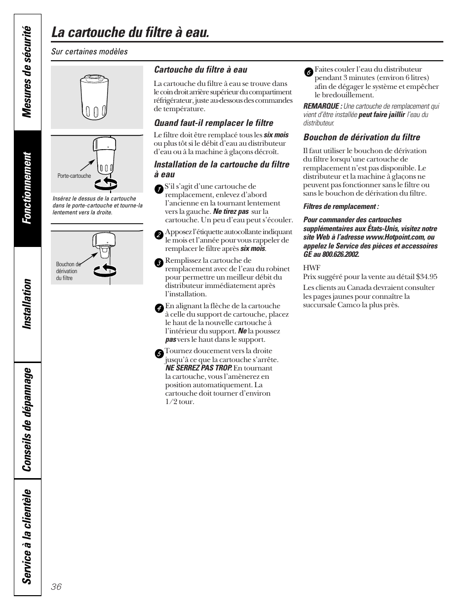 Cartouche du filtre à eau, La cartouche du filtre à eau | Hotpoint 22 User Manual | Page 36 / 88
