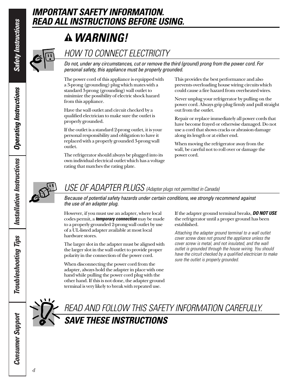 Adapter plugs, Connect electricity, Warning | How to connect electricity, Use of adapter plugs | Hotpoint 22 User Manual | Page 4 / 88