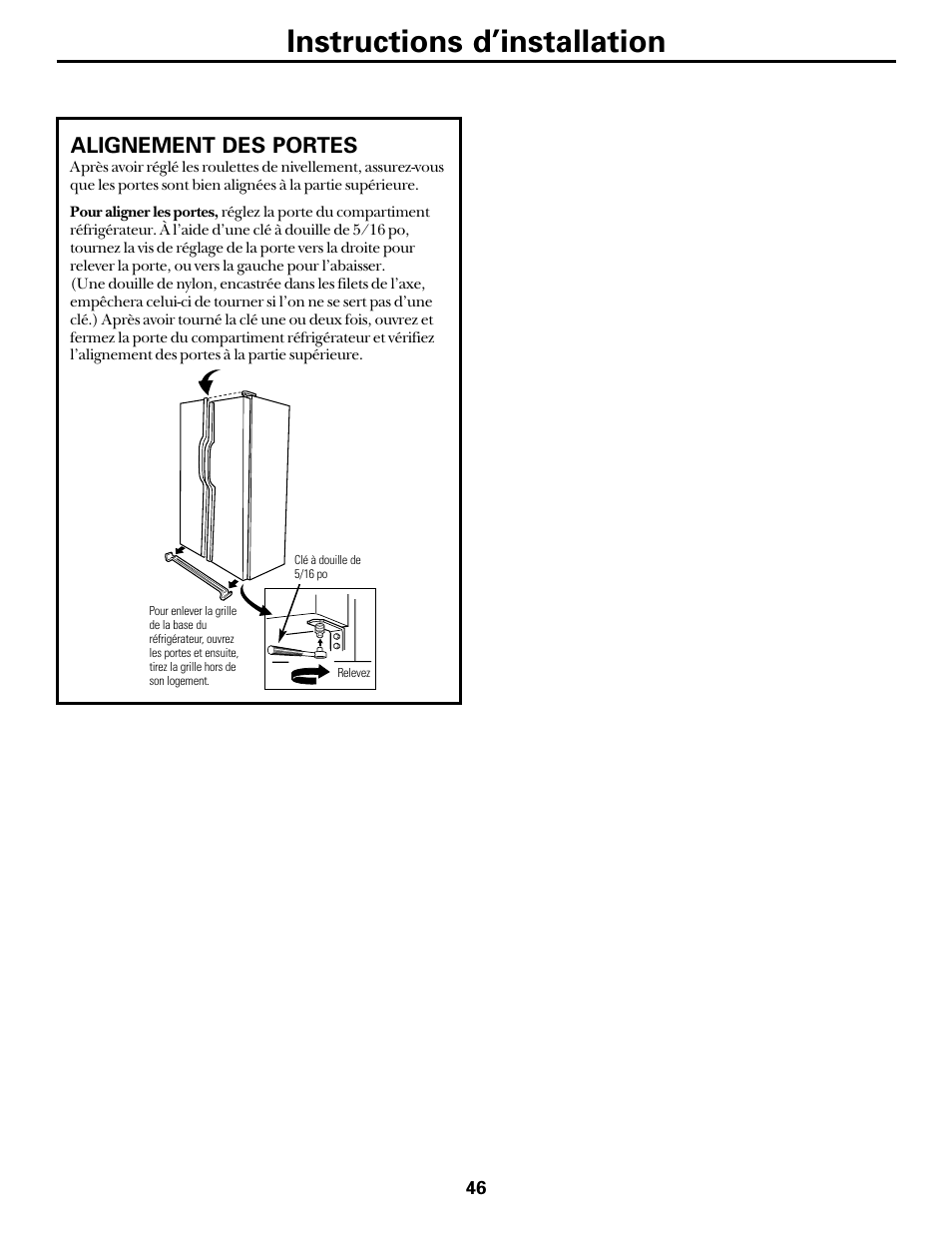 Instructions d’installation, Alignement des portes | Hotpoint 22 User Manual | Page 46 / 88