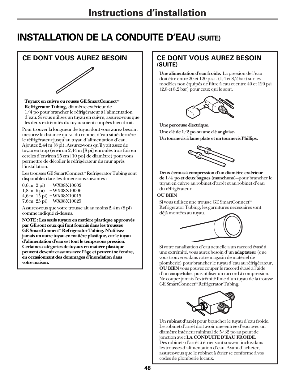 Instructions d’installation, Installation de la conduite d’eau, Ce dont vous aurez besoin | Suite) | Hotpoint 22 User Manual | Page 48 / 88