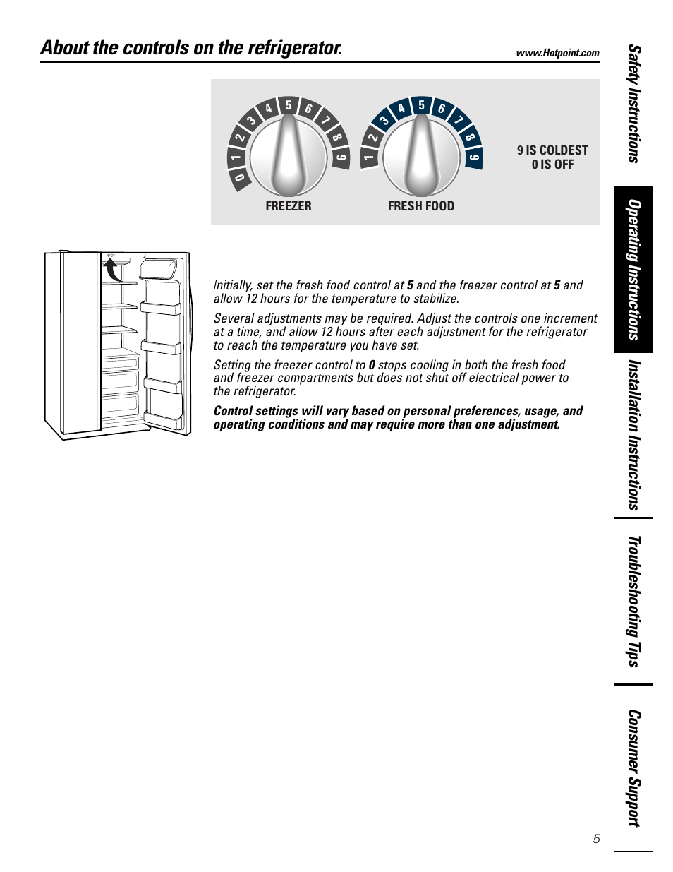 Controls, About the controls on the refrigerator | Hotpoint 22 User Manual | Page 5 / 88