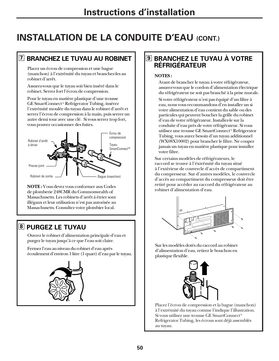 Installation de la conduite d’eau, Instructions d’installation, Cont.) | Branchez le tuyau au robinet, Purgez le tuyau, Branchez le tuyau à votre réfrigérateur | Hotpoint 22 User Manual | Page 50 / 88