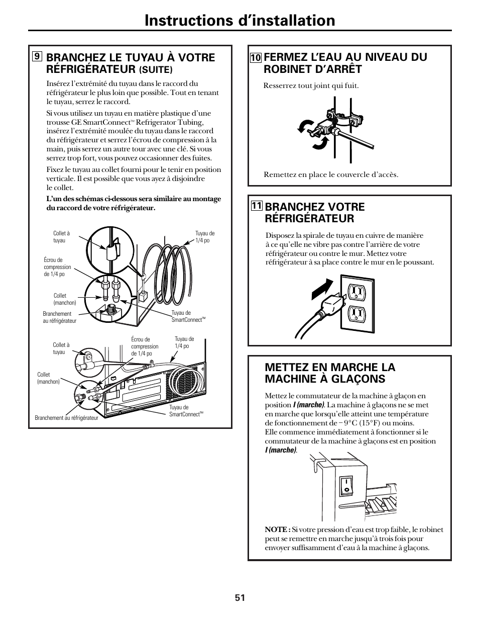 Instructions d’installation, Fermez l’eau au niveau du robinet d’arrêt, Branchez votre réfrigérateur | Mettez en marche la machine à glaçons, Branchez le tuyau à votre réfrigérateur | Hotpoint 22 User Manual | Page 51 / 88
