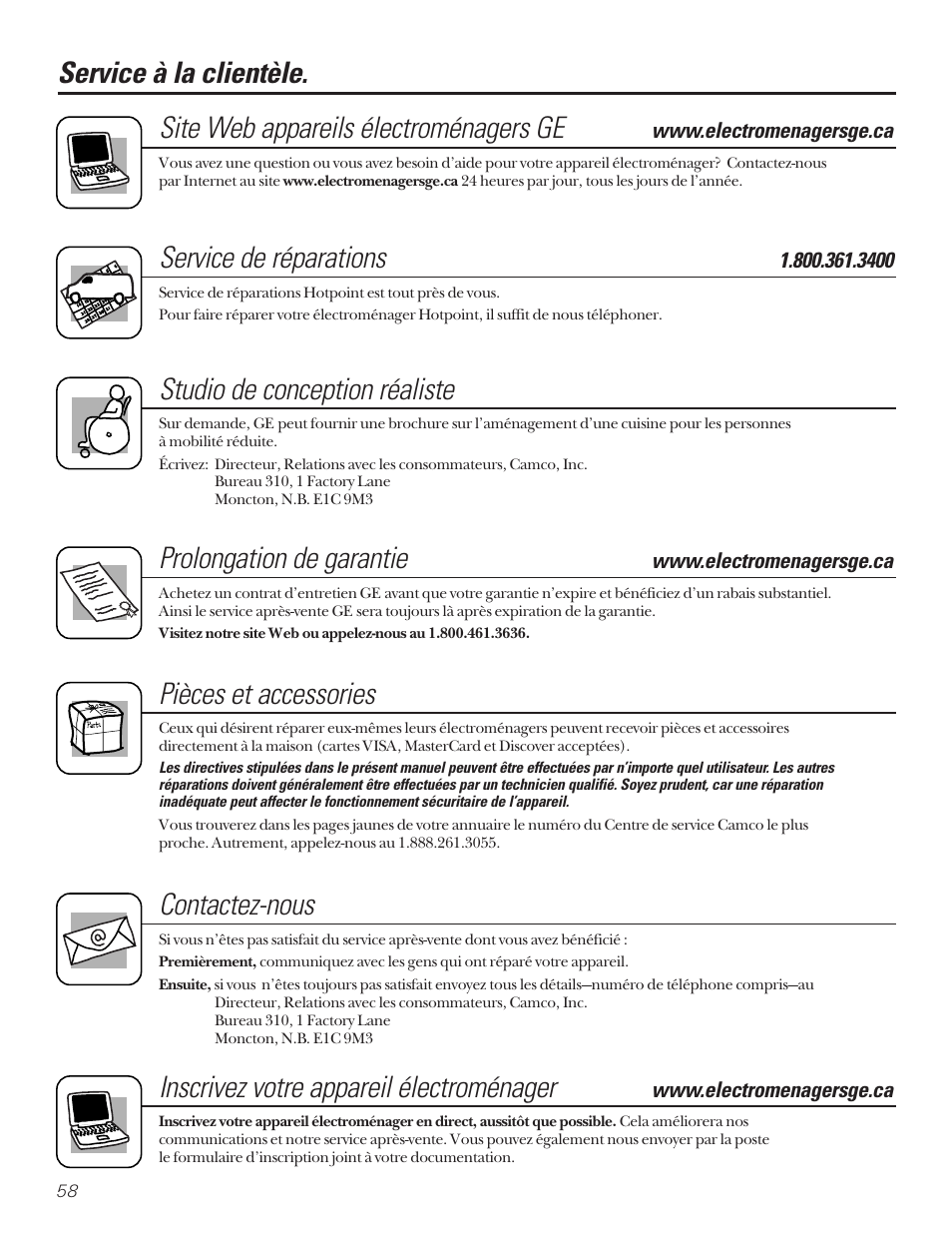Numéros de service, Service de réparations, Studio de conception réaliste | Prolongation de garantie, Pièces et accessories, Contactez-nous, Inscrivez votre appareil électroménager | Hotpoint 22 User Manual | Page 58 / 88