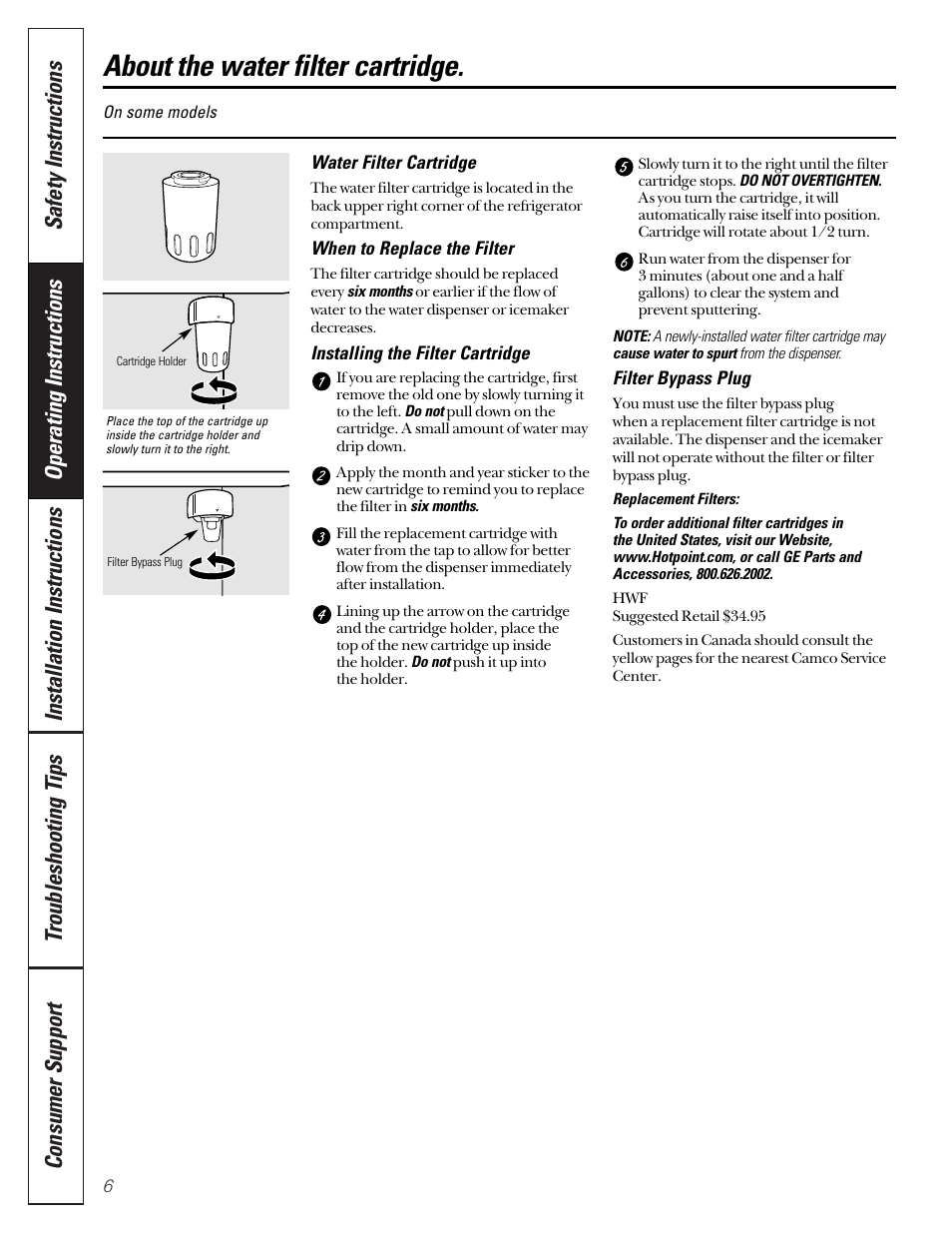 Water filter cartridge, About the water filter cartridge | Hotpoint 22 User Manual | Page 6 / 88
