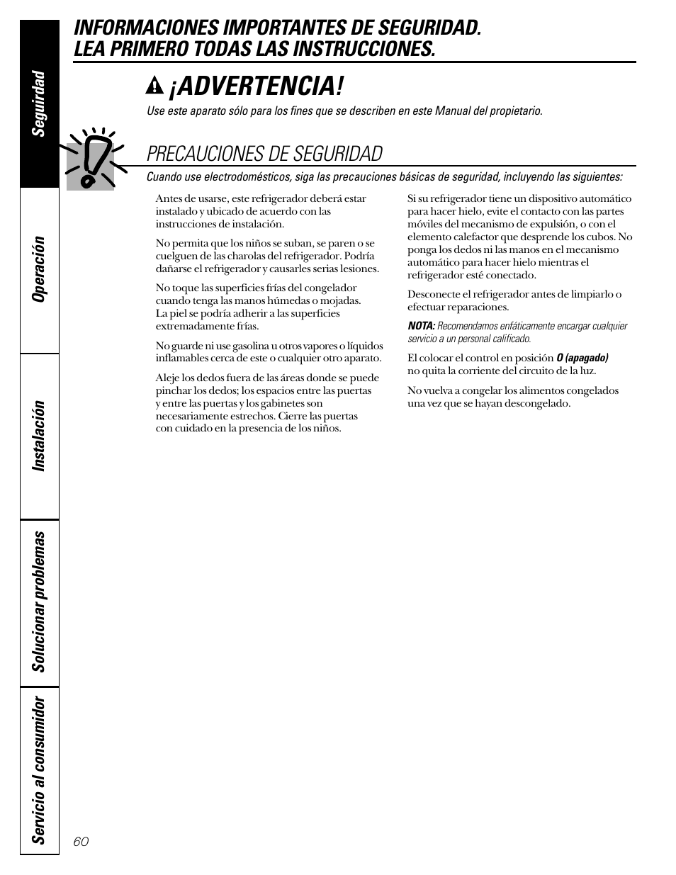 Precauciones de seguridad, Advertencia | Hotpoint 22 User Manual | Page 60 / 88