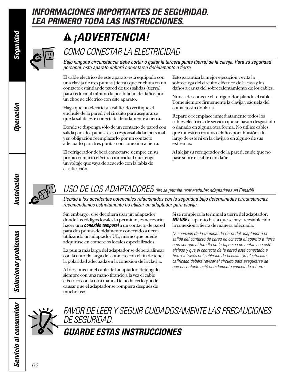 Adaptadores, Conectar la electricidad, Advertencia | Como conectar la electricidad, Uso de los adaptadores | Hotpoint 22 User Manual | Page 62 / 88