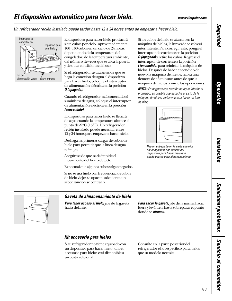 Dispositivo automático para hacer hielo, Dispositivo automático, Para hacer hielo | El dispositivo automático para hacer hielo | Hotpoint 22 User Manual | Page 67 / 88