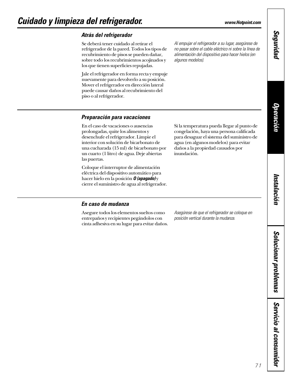 Cuidado y limpieza del refrigerador | Hotpoint 22 User Manual | Page 71 / 88