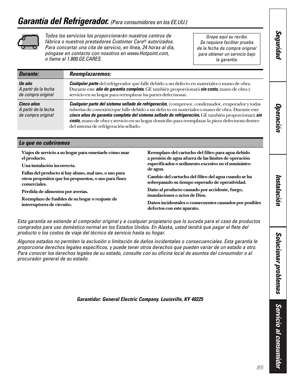 Garantía para consumidores en los estados unidos, Garantía para consumidores, En los estados unidos | Garantía del refrigerador | Hotpoint 22 User Manual | Page 85 / 88