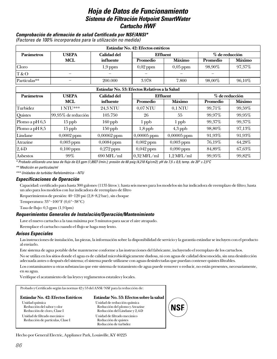 Hoja de datos de funcionamiento | Hotpoint 22 User Manual | Page 86 / 88