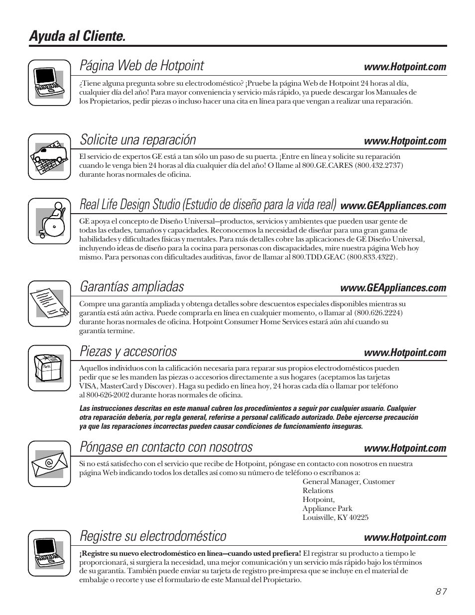 Números de servicio, Ayuda al cliente. página web de hotpoint, Solicite una reparación | Garantías ampliadas, Piezas y accesorios, Póngase en contacto con nosotros, Registre su electrodoméstico | Hotpoint 22 User Manual | Page 87 / 88