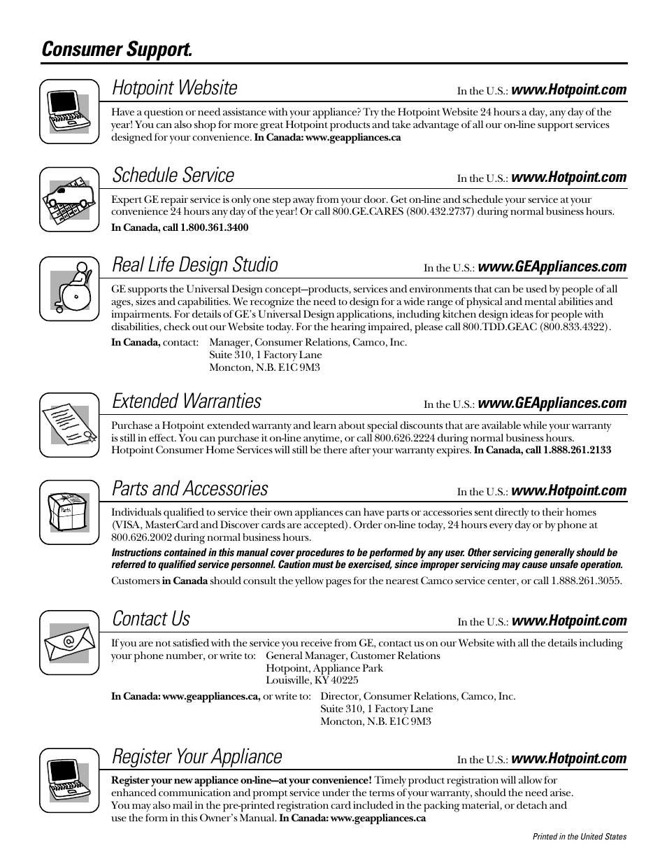 Consumer support, Consumer support . . . . . .back cover, Consumer support. hotpoint website | Schedule service, Real life design studio, Extended warranties, Parts and accessories, Contact us, Register your appliance | Hotpoint 22 User Manual | Page 88 / 88