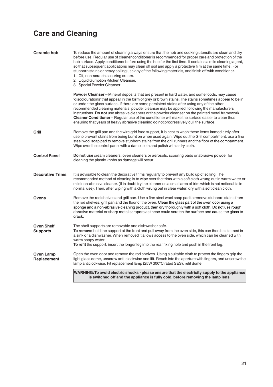 Care and cleaning | Hotpoint EW36P User Manual | Page 21 / 28