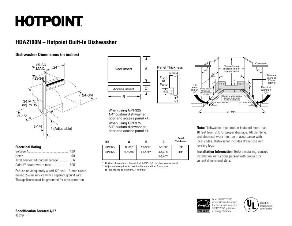 Hotpoint HDA2100nWW User Manual | 2 pages