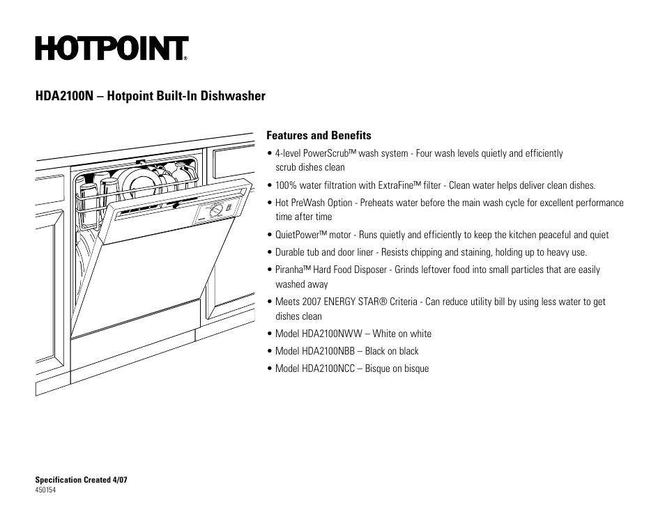 Hda2100n – hotpoint built-in dishwasher | Hotpoint HDA2100nWW User Manual | Page 2 / 2