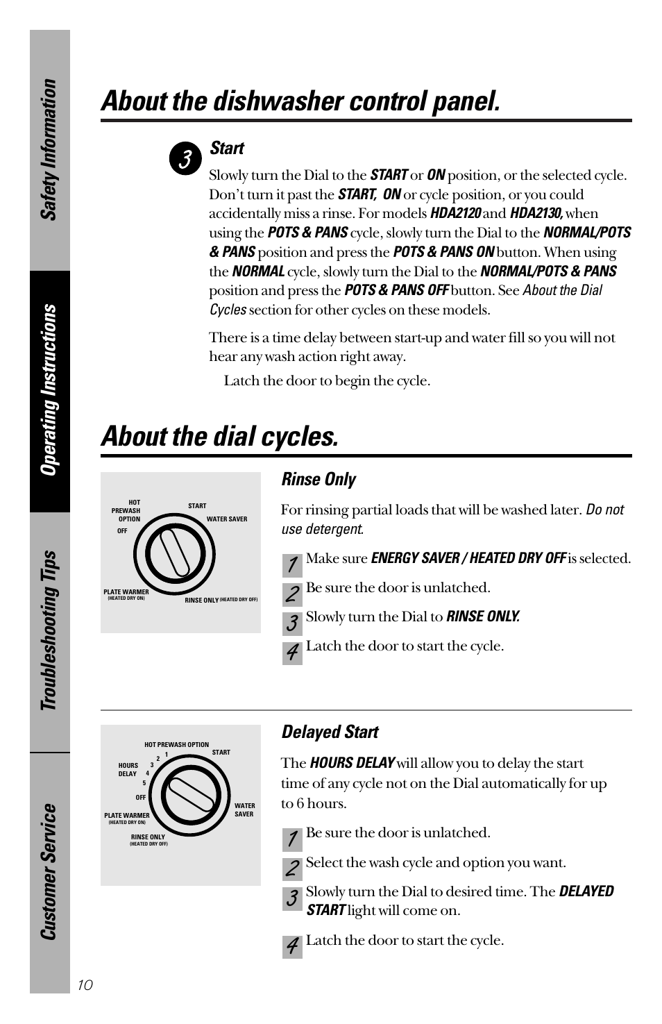 Dial cycles, Dial cycles , 11, About the dishwasher control panel | About the dial cycles, Rinse only, Delayed start, Start | Hotpoint HDA2200 User Manual | Page 10 / 32