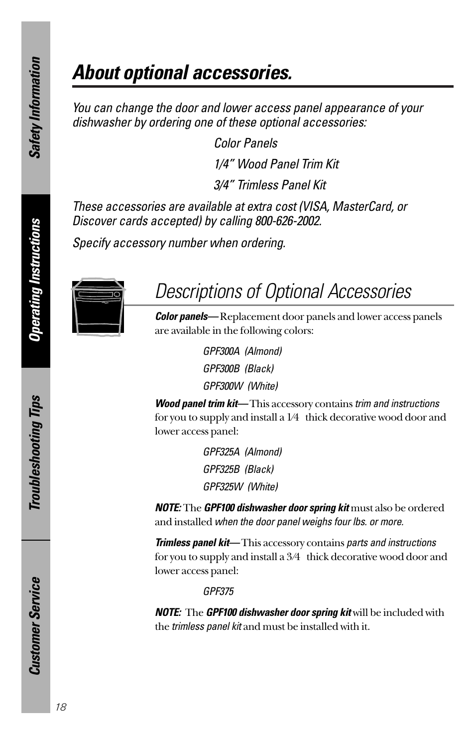 Optional accessories, Optional accessories , 19, About optional accessories | Descriptions of optional accessories, Color panels, 1/4” wood panel trim kit | Hotpoint HDA2200 User Manual | Page 18 / 32