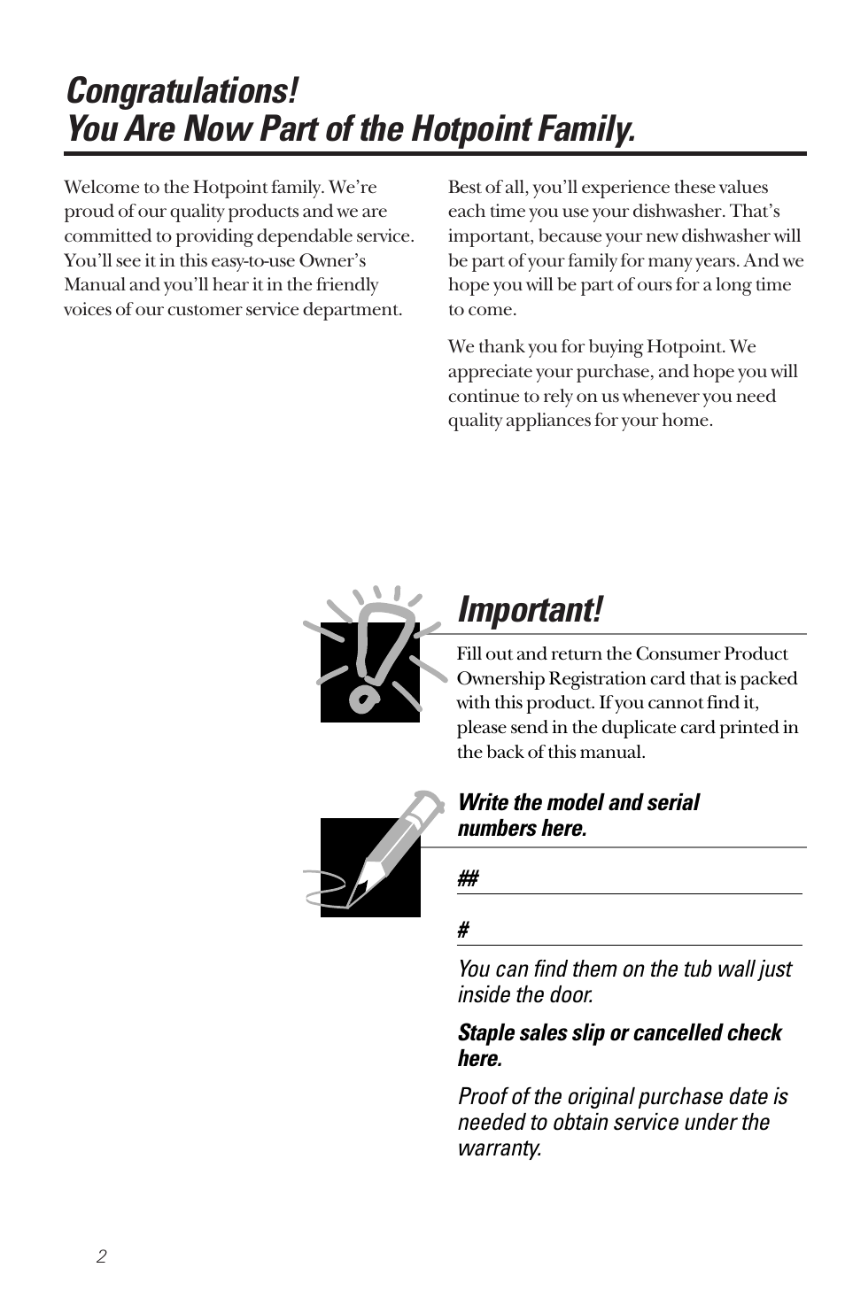 Important | Hotpoint HDA2200 User Manual | Page 2 / 32