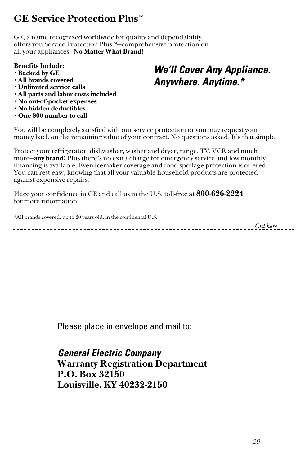 Product registration, We’ll cover any appliance. anywhere. anytime, Ge service protection plus | General electric company, Please place in envelope and mail to | Hotpoint HDA2200 User Manual | Page 29 / 32