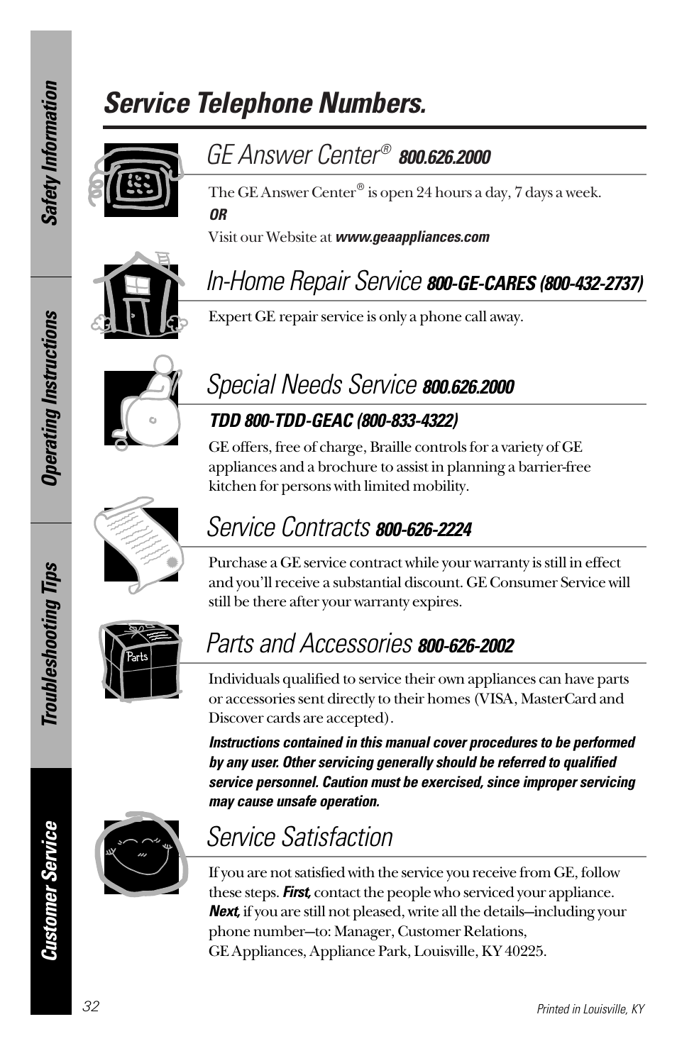 Service telephone numbers, Ge answer center, In-home repair service | Special needs service, Service contracts, Parts and accessories, Service satisfaction | Hotpoint HDA2200 User Manual | Page 32 / 32