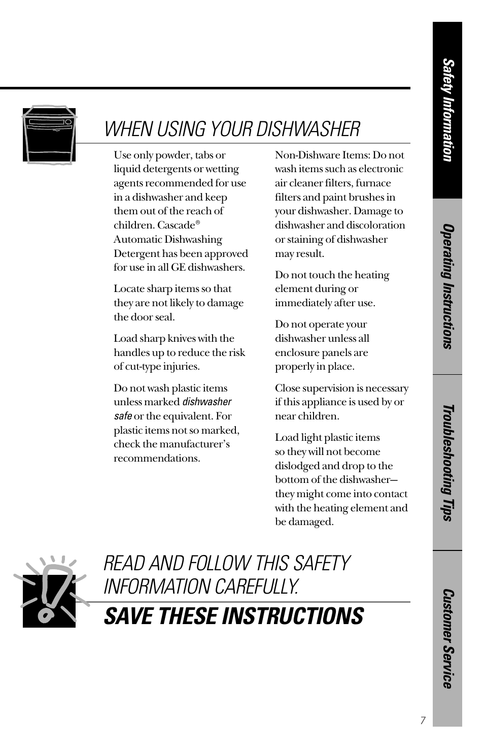 Save these instructions, When using your dishwasher, Read and follow this safety information carefully | Hotpoint HDA2200 User Manual | Page 7 / 32