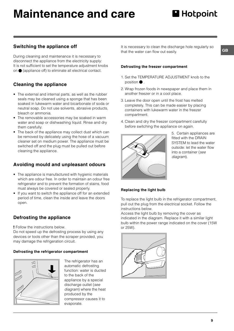 Maintenance and care | Hotpoint HM312NI User Manual | Page 9 / 16