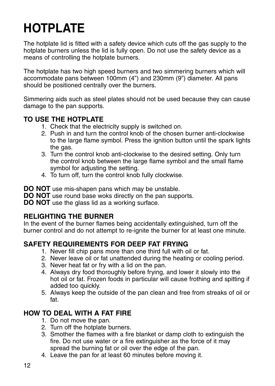 Hotplate | Hotpoint GW81 User Manual | Page 12 / 40