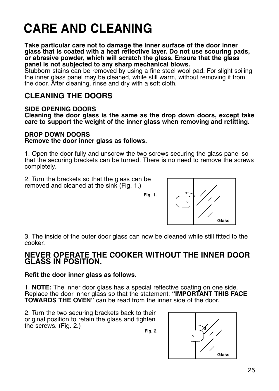 Care and cleaning, Cleaning the doors | Hotpoint GW81 User Manual | Page 25 / 40