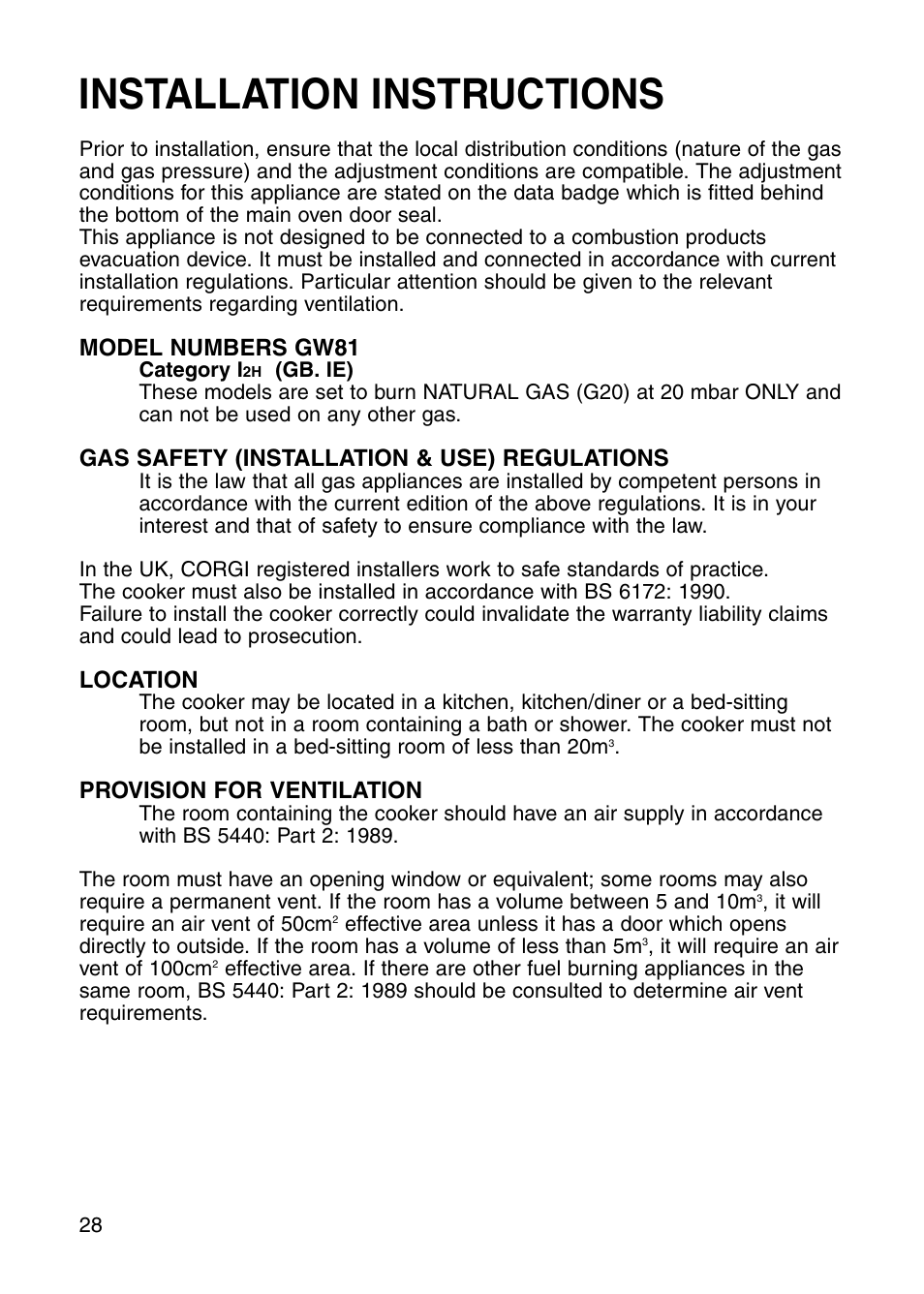 Installation instructions | Hotpoint GW81 User Manual | Page 28 / 40
