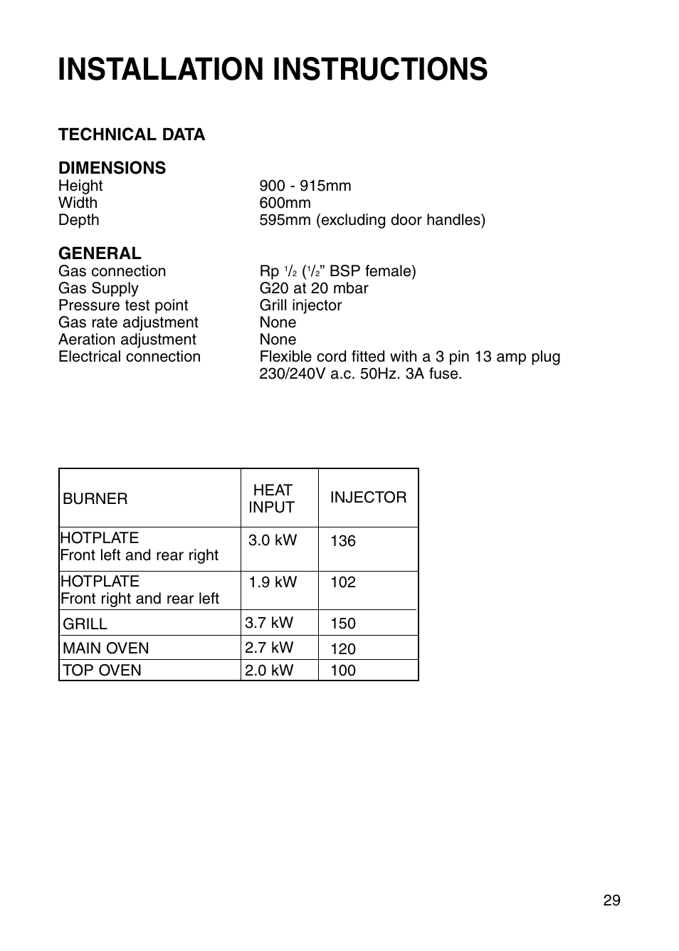 Installation instructions | Hotpoint GW81 User Manual | Page 29 / 40