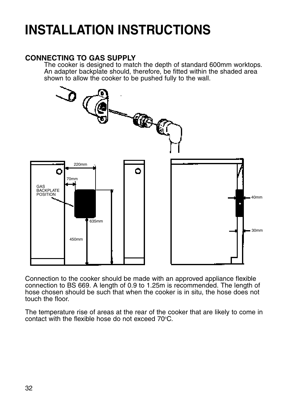 Installation instructions, Connecting to gas supply | Hotpoint GW81 User Manual | Page 32 / 40