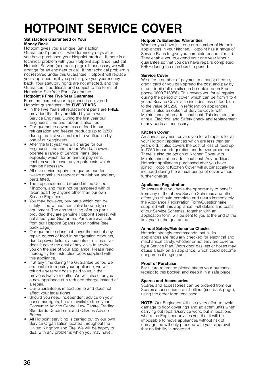 Hotpoint service cover | Hotpoint GW81 User Manual | Page 36 / 40