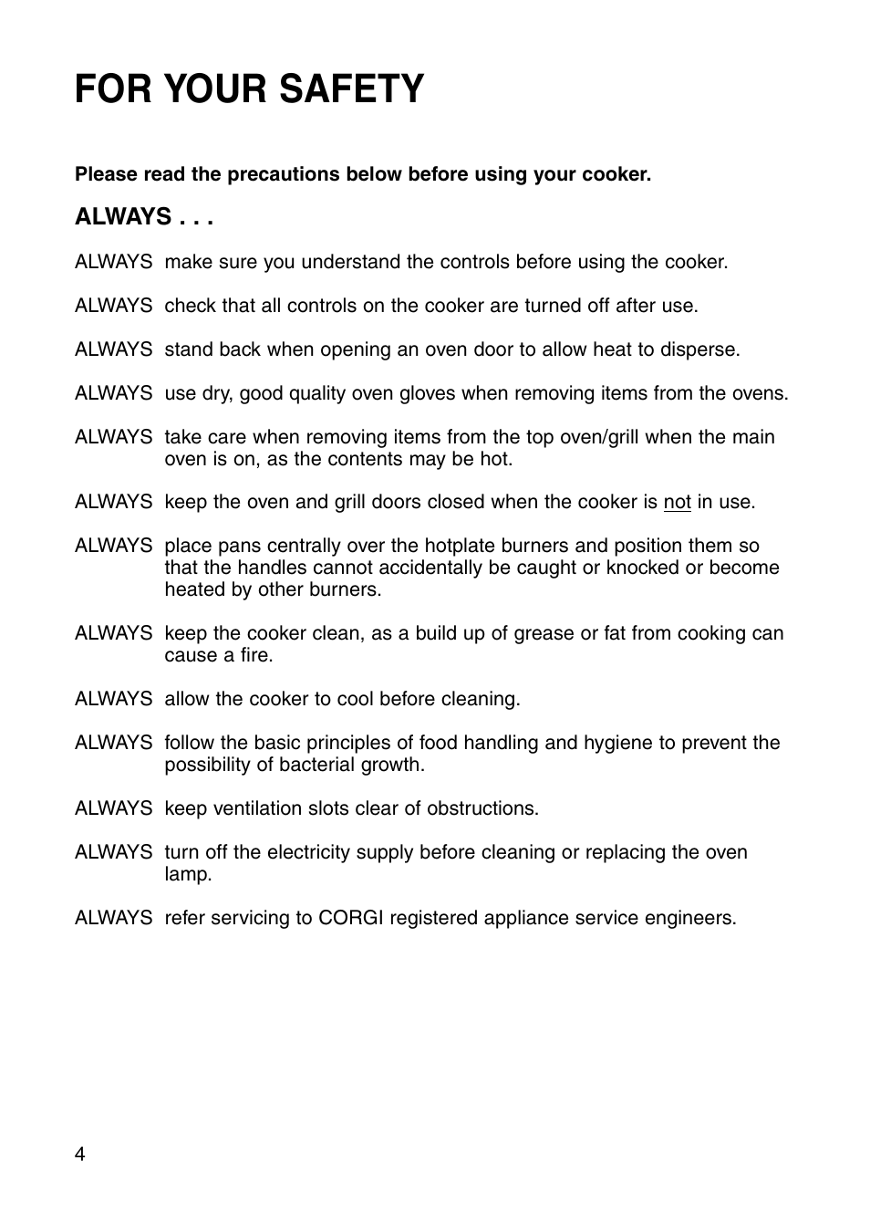 For your safety, Always | Hotpoint GW81 User Manual | Page 4 / 40