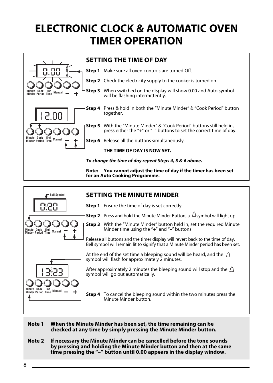 Electronic clock & automatic oven timer operation, Setting the time of day, Setting the minute minder | Hotpoint GW81 User Manual | Page 8 / 40