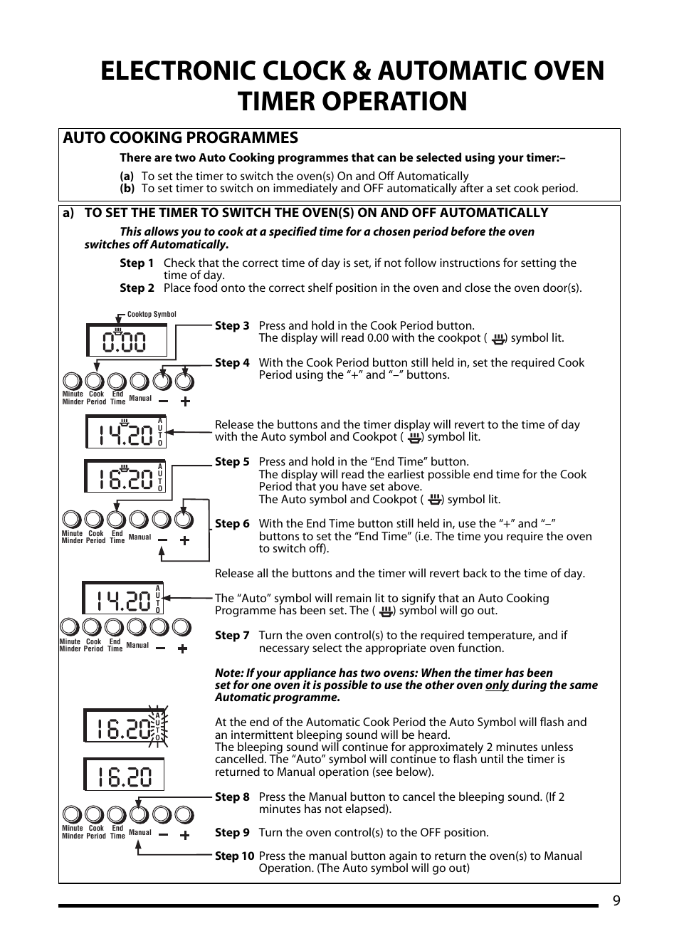 Electronic clock & automatic oven timer operation, Auto cooking programmes | Hotpoint GW81 User Manual | Page 9 / 40