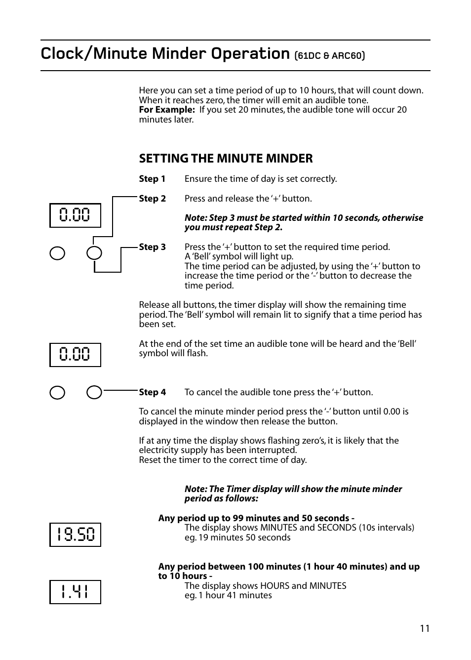 Clock/minute minder operation, Setting the minute minder | Hotpoint 61DC User Manual | Page 11 / 40