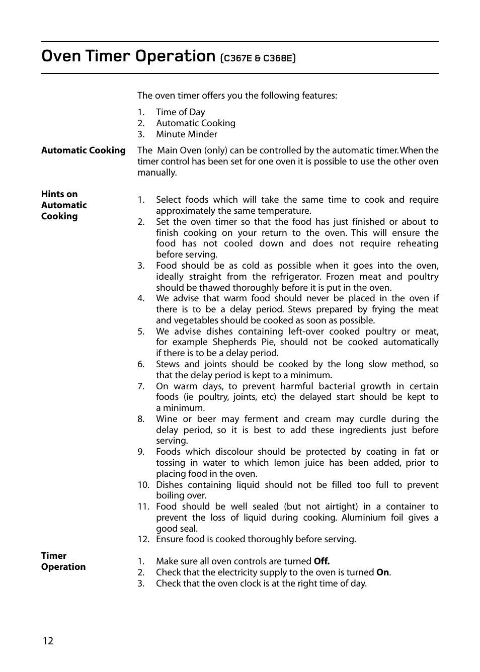 Oven timer operation | Hotpoint 61DC User Manual | Page 12 / 40