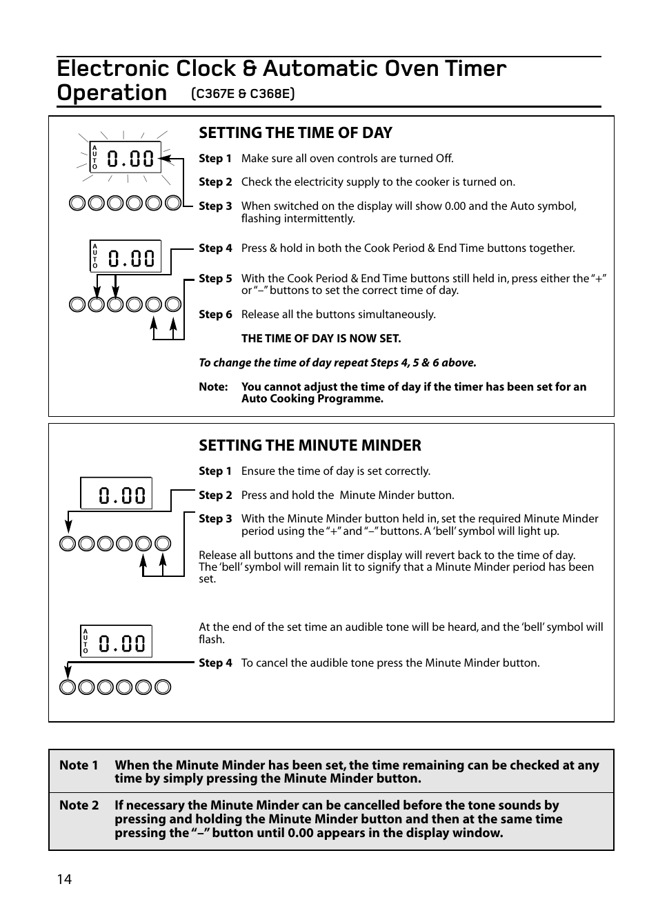 Electronic clock & automatic oven timer operation, Setting the time of day, Setting the minute minder | Hotpoint 61DC User Manual | Page 14 / 40