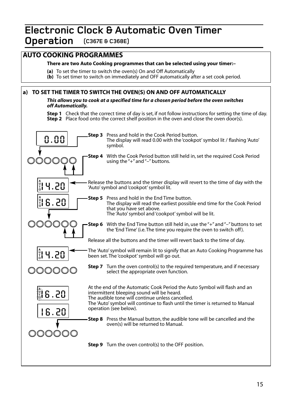 Electronic clock & automatic oven timer operation, Auto cooking programmes | Hotpoint 61DC User Manual | Page 15 / 40