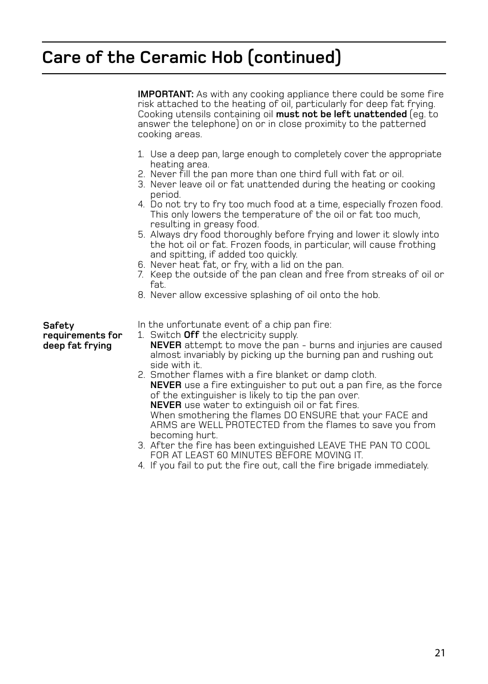 Care of the ceramic hob (continued) | Hotpoint 61DC User Manual | Page 21 / 40